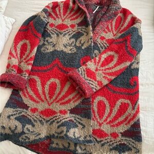 Urban Outfitters Red, Gray & Cream Patterned Open-Front Sweater Cardigan